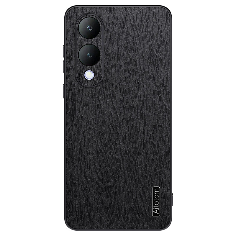 For vivo Y17s 4G Cell Phone Case Fall-proof Wood Grain PU+PC+TPU Back Cover - Black For vivo Y17s 4G Cell Phone Case Fall-proof Wood Grain PU+PC+TPU Back Cover - Black